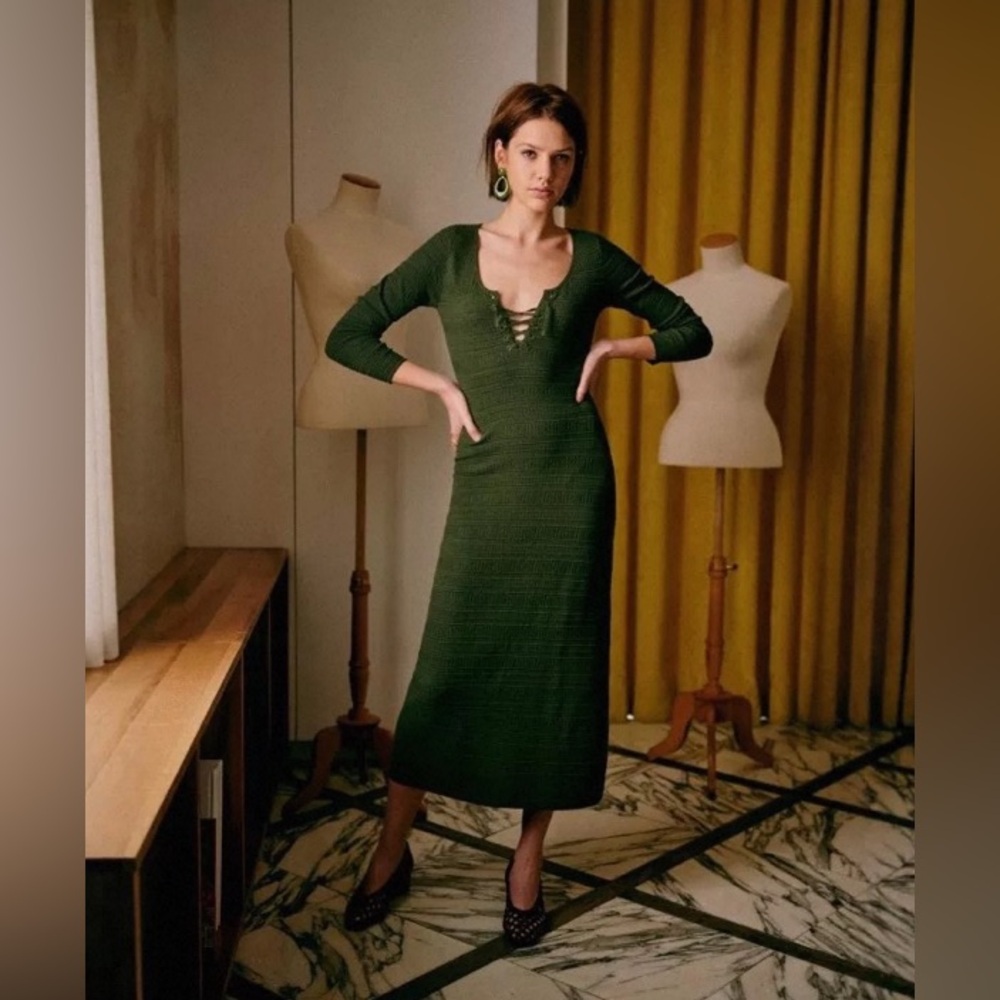 Sézane Red Knit Midi Dress with Tie Front